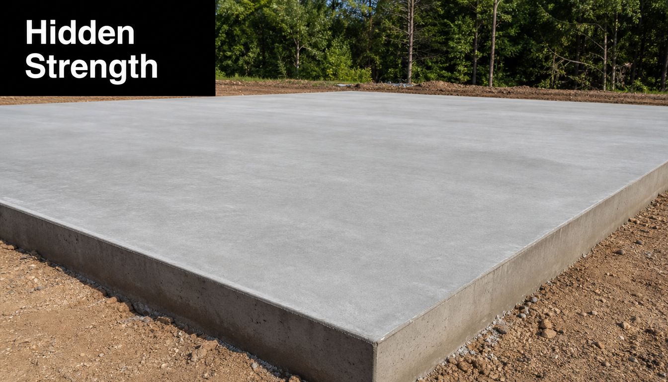 Concrete Strength Testing: Secure Your Foundation 2 A newly poured concrete slab foundation situated on a construction site with trees in the background.