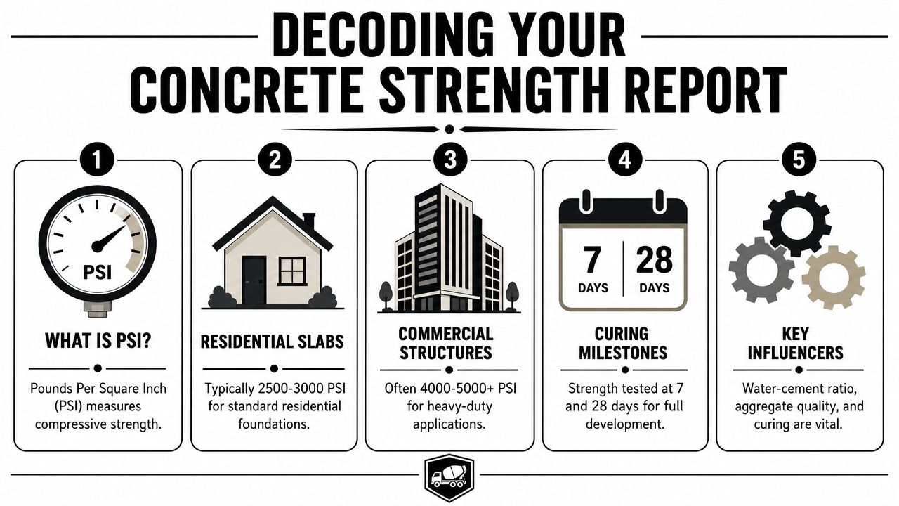 Concrete Strength Testing: Secure Your Foundation 4 An infographic detailing concrete strength testing, including PSI, residential and commercial standards, curing, and key influencers.