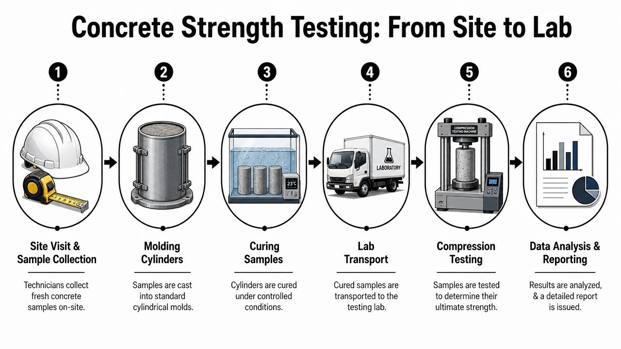 Concrete Strength Testing: Secure Your Foundation 3 A six-step infographic illustrating the professional process of concrete strength testing from site collection to laboratory analysis.