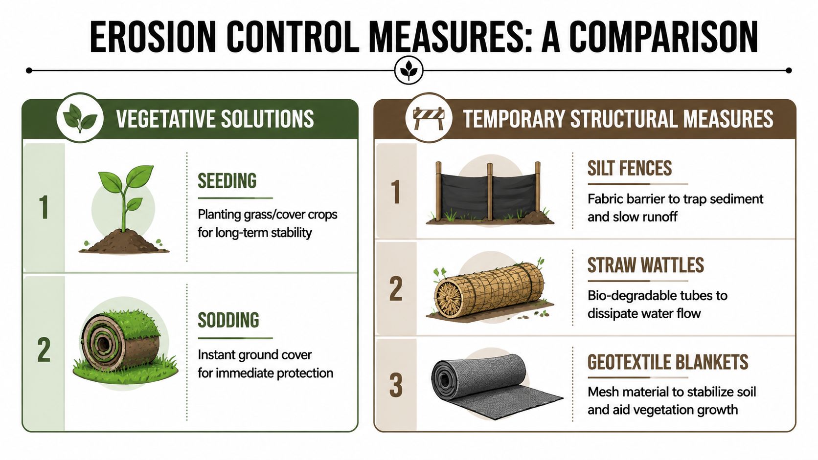 Erosion Control Measures for PA & MD Foundations 3 An infographic comparing various vegetative solutions and temporary structural measures for effective erosion control on construction sites.