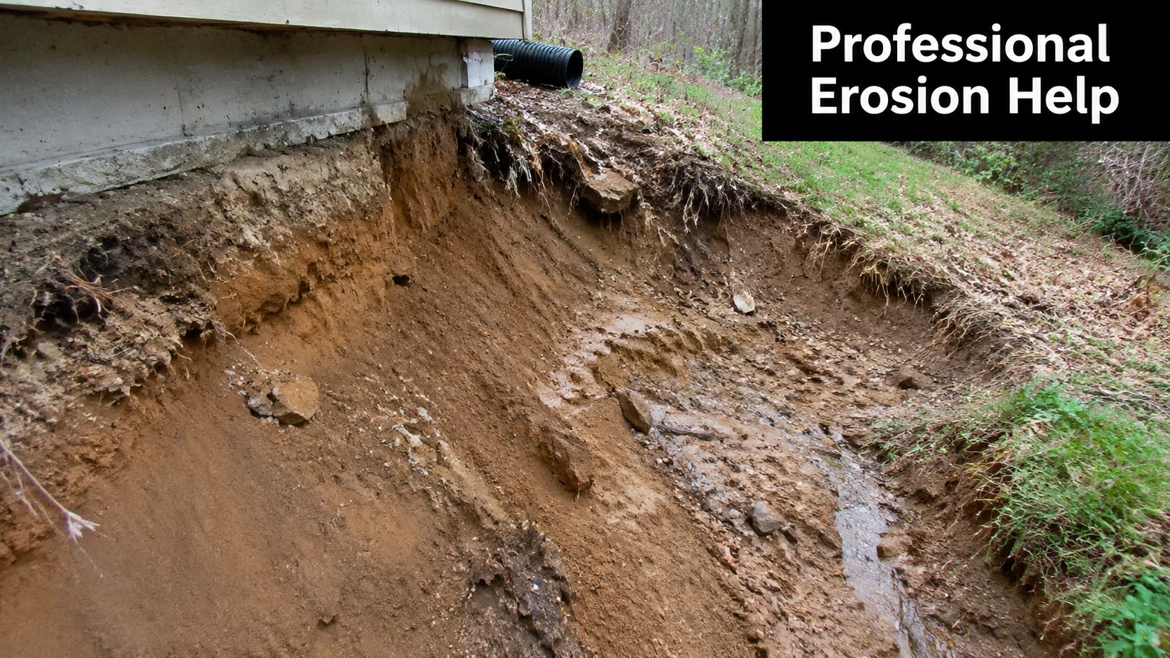 Erosion Control Measures for PA & MD Foundations 5 Severe soil erosion occurring underneath the foundation of a house, causing a dangerous drop-off in the yard.