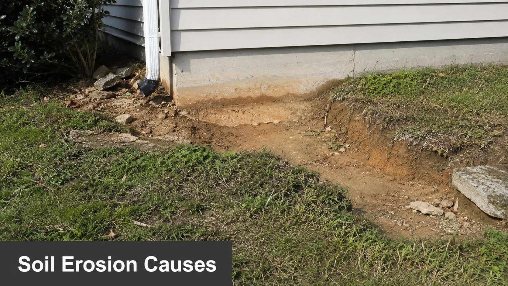 Erosion Control Measures for PA & MD Foundations 2 A section of soil erosion caused by improper drainage from a white downspout against a house foundation.