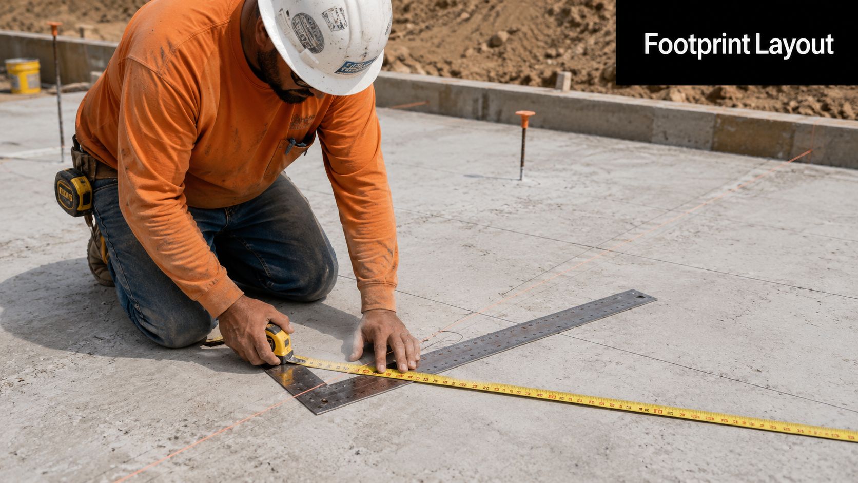 Master Floor Framing Plans for Sheds & Garages 3 A construction worker measuring and checking the squareness of a concrete foundation using a framing square.