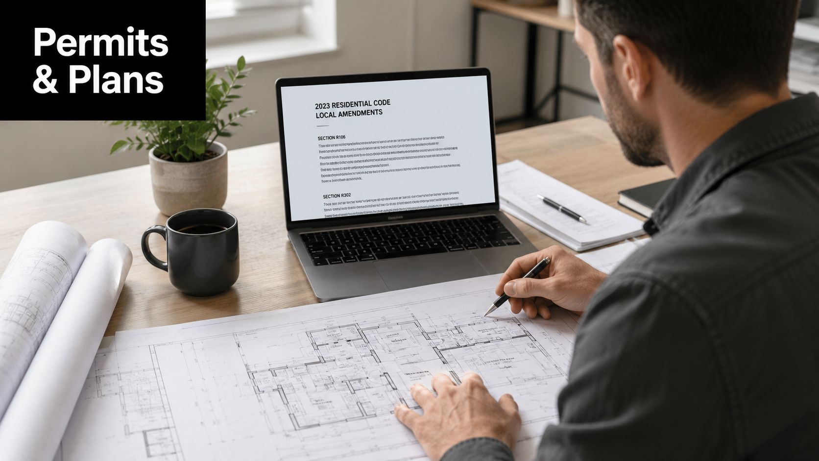 Forming Concrete Slab: PA & MD Homeowner's Guide 2026 2 An architect works at a desk with floor plans, a laptop displaying building codes, and a coffee mug.