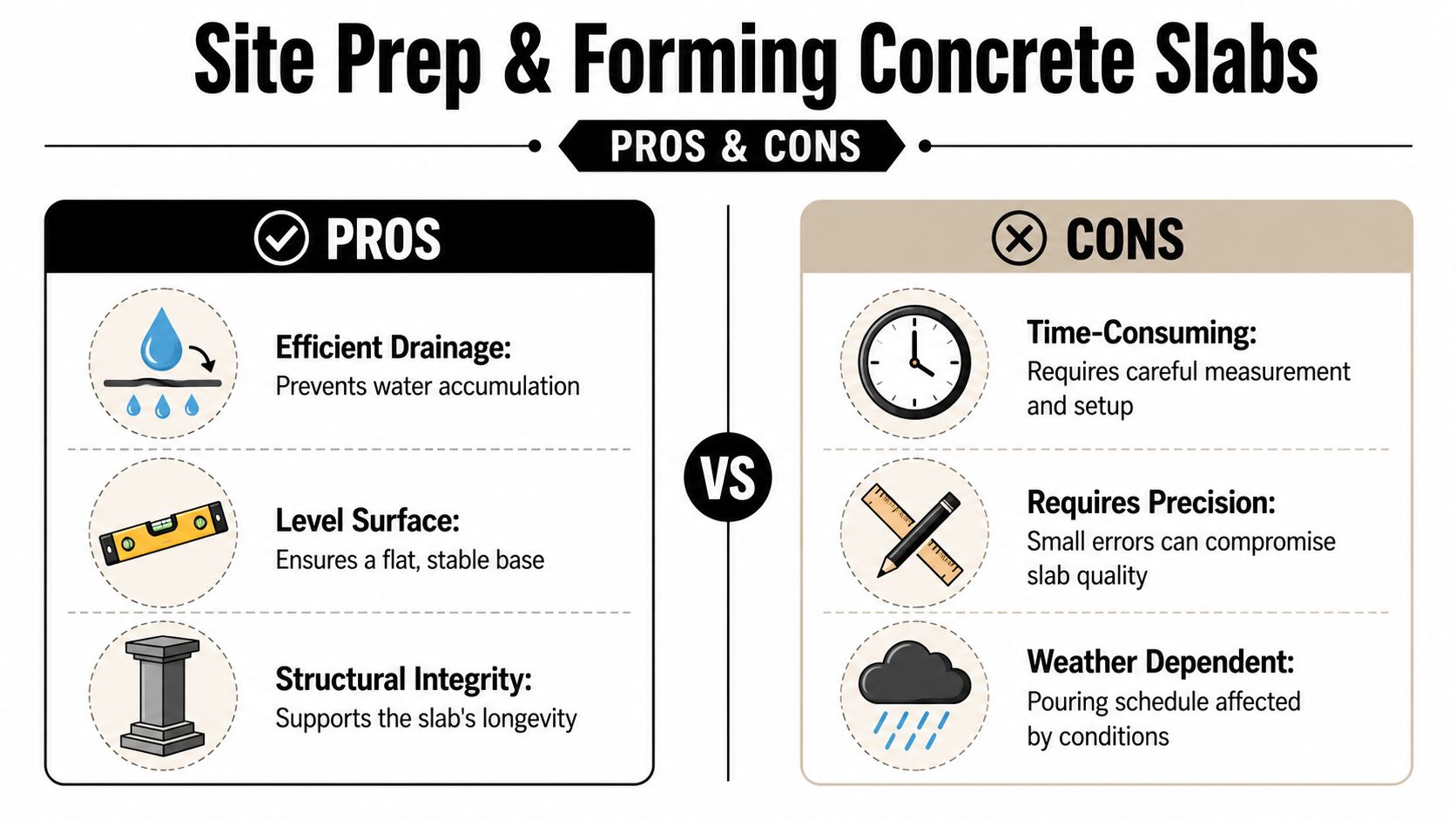 Forming Concrete Slab: PA & MD Homeowner's Guide 2026 3 A pros and cons infographic comparing the benefits and challenges of site preparation for concrete slabs.
