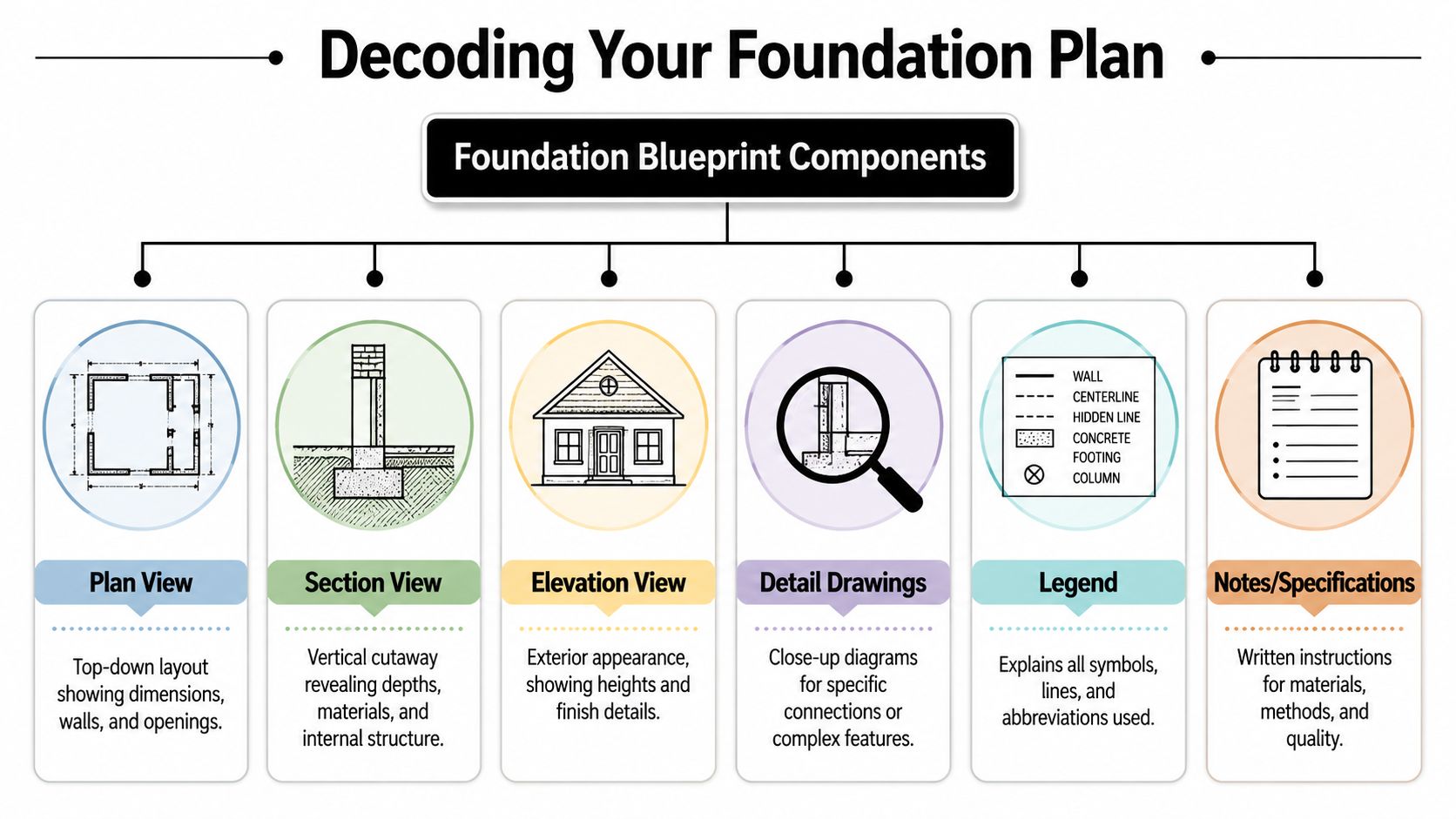 Decoding Foundation Blueprints: A Homeowner's PA Guide 3 A diagram illustrating the six core components of a residential foundation blueprint including views, symbols, and specifications.