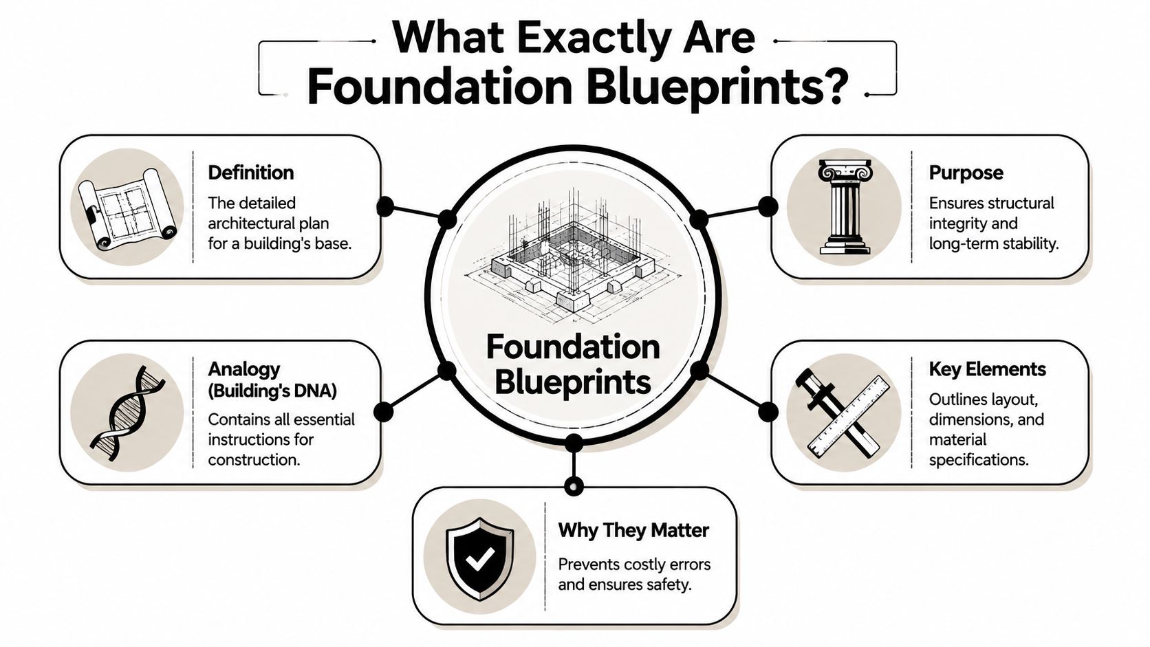 Decoding Foundation Blueprints: A Homeowner's PA Guide 2 An infographic titled What Exactly Are Foundation Blueprints explaining their definition, purpose, and key elements for construction.