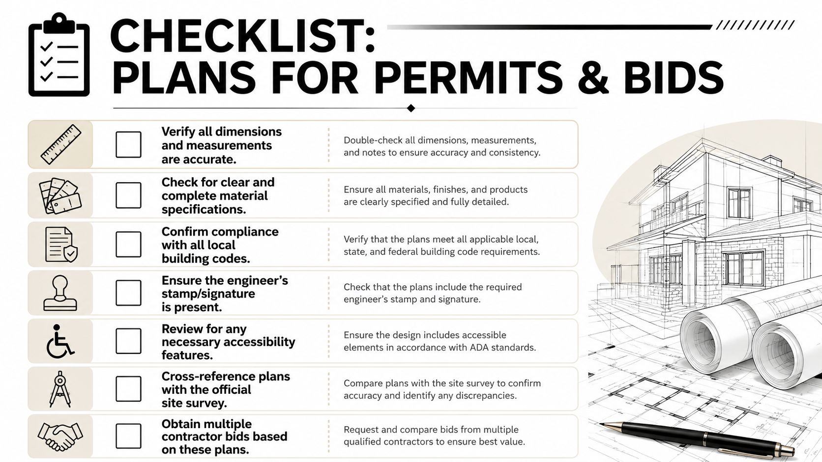 Decoding Foundation Blueprints: A Homeowner's PA Guide 4 A checklist titled Plans for Permits and Bids showing construction planning requirements alongside architectural blueprints.
