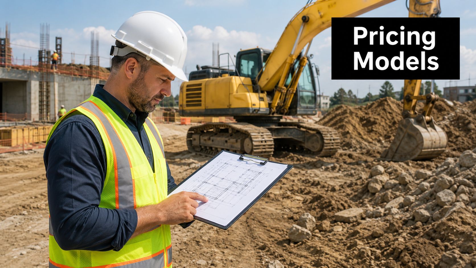 Foundation Excavation Cost Guide for Pennsylvania Homeowners 3 A construction engineer in a hard hat and safety vest reviews blueprints at a building site.