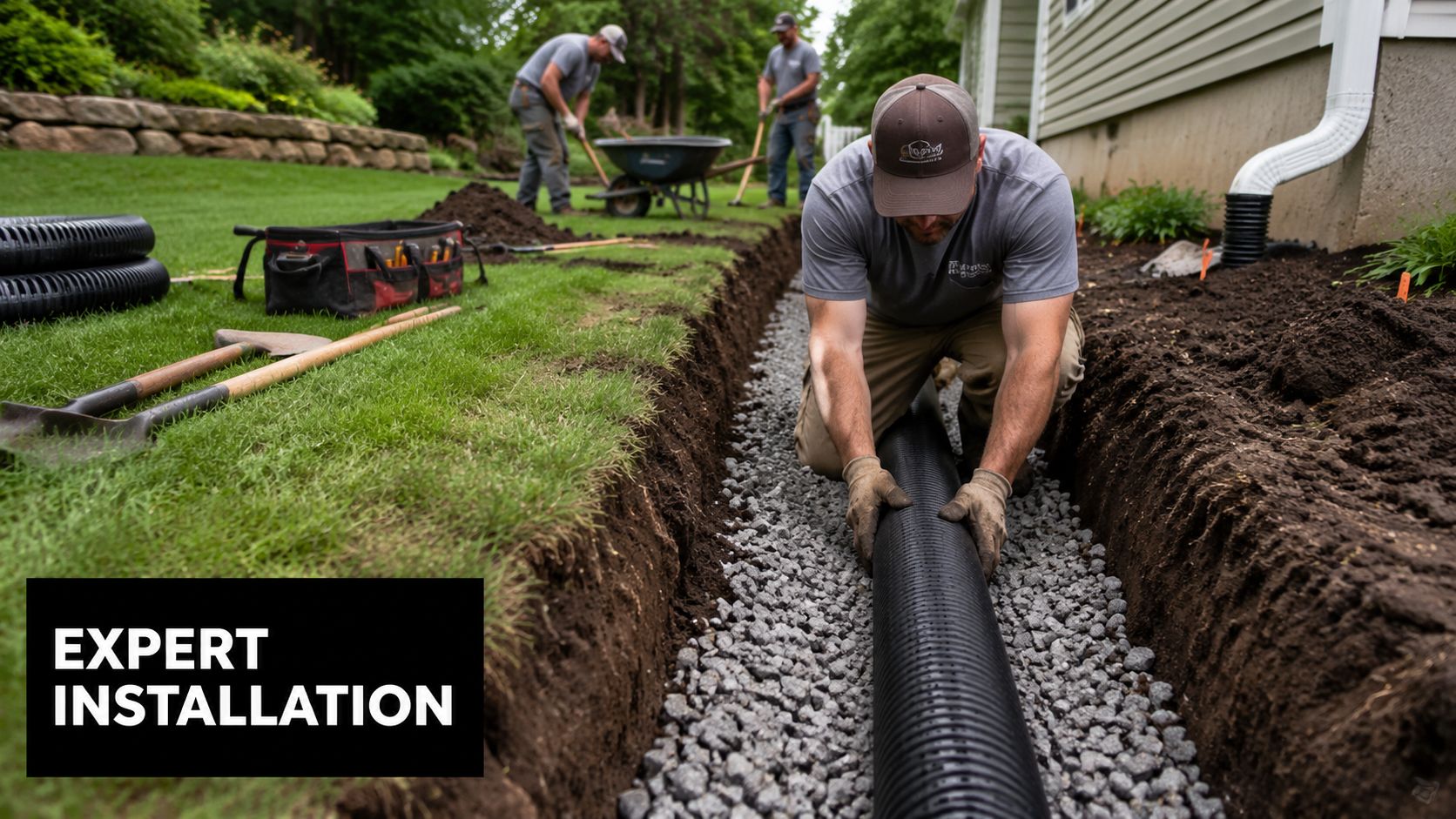 French Drain Installation Cost: 2026 Guide for PA, MD, DE 5 A professional contractor installing a black corrugated French drain pipe in a gravel-lined trench beside a house.