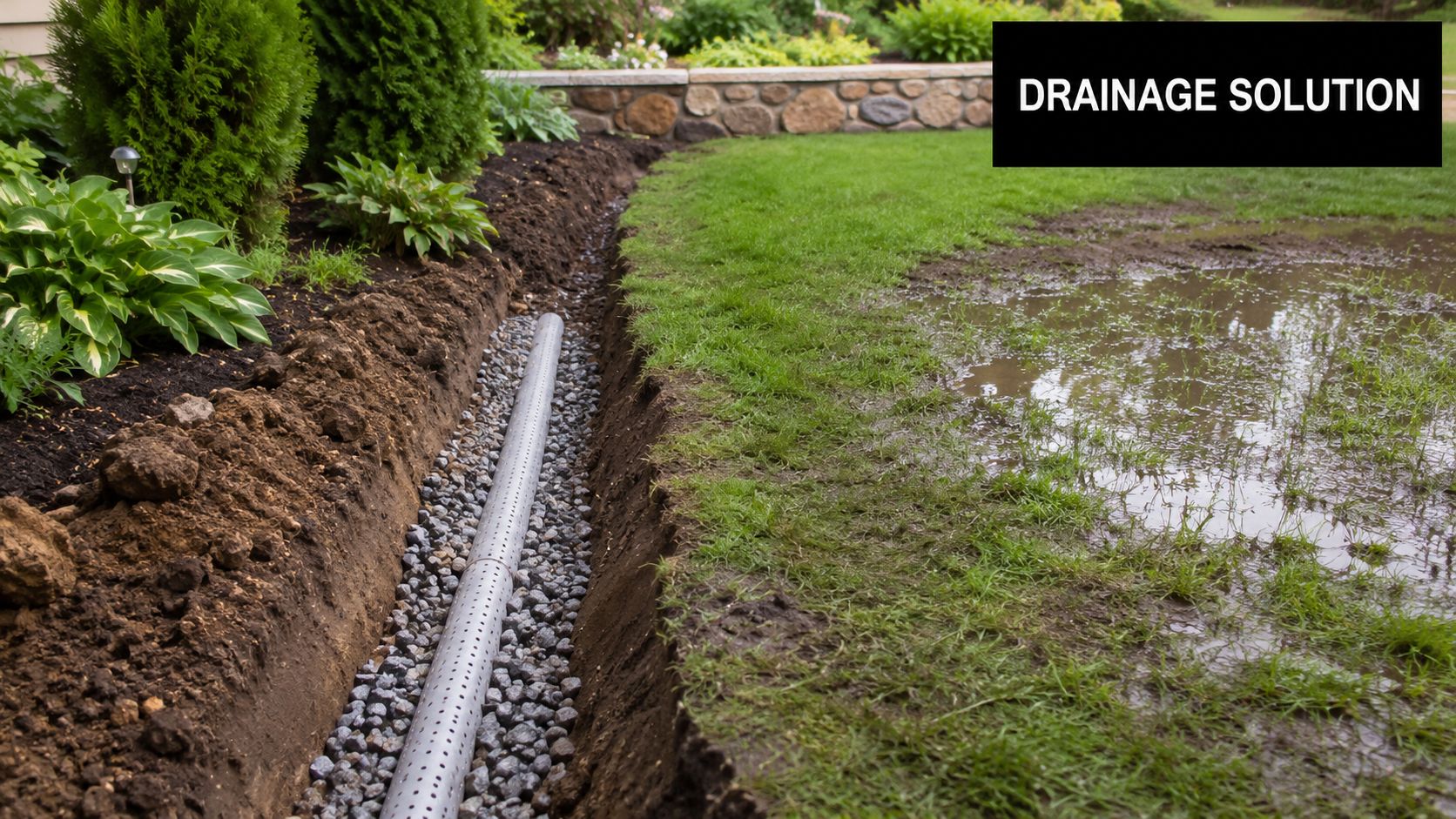 French Drain Installation Cost: 2026 Guide for PA, MD, DE 2 A perforated drainage pipe installed in a gravel-filled trench next to a muddy, waterlogged lawn.