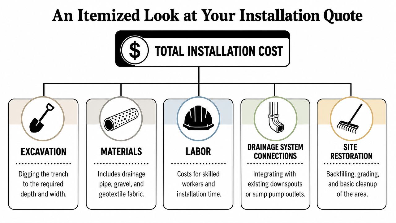 French Drain Installation Cost: 2026 Guide for PA, MD, DE 4 An infographic showing a breakdown of French drain installation costs including excavation, materials, labor, connections, and restoration.