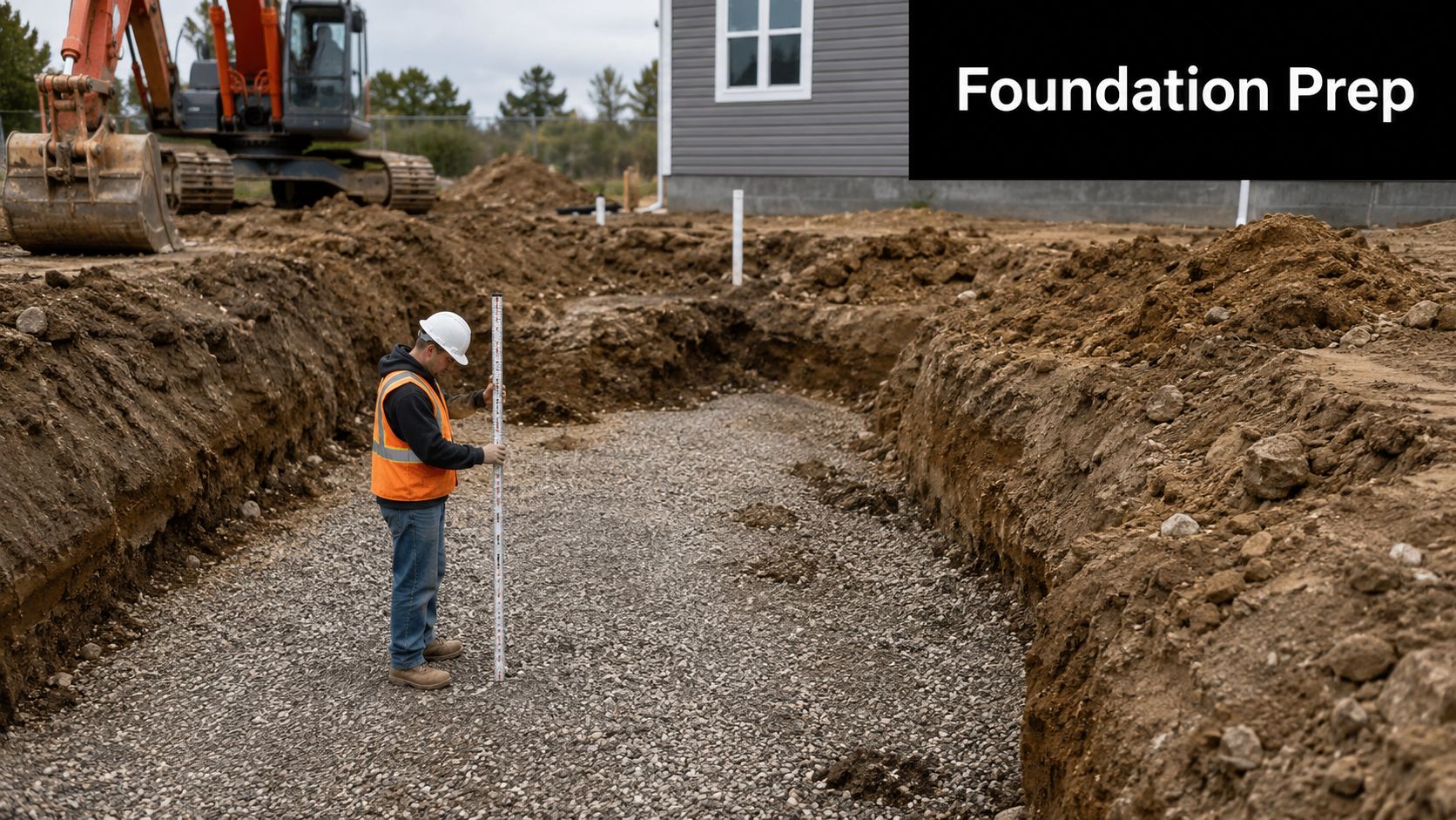 Garage Setback Requirements: Your 2026 Guide 4 A construction worker in a hard hat measures gravel depth for a building foundation preparation project.