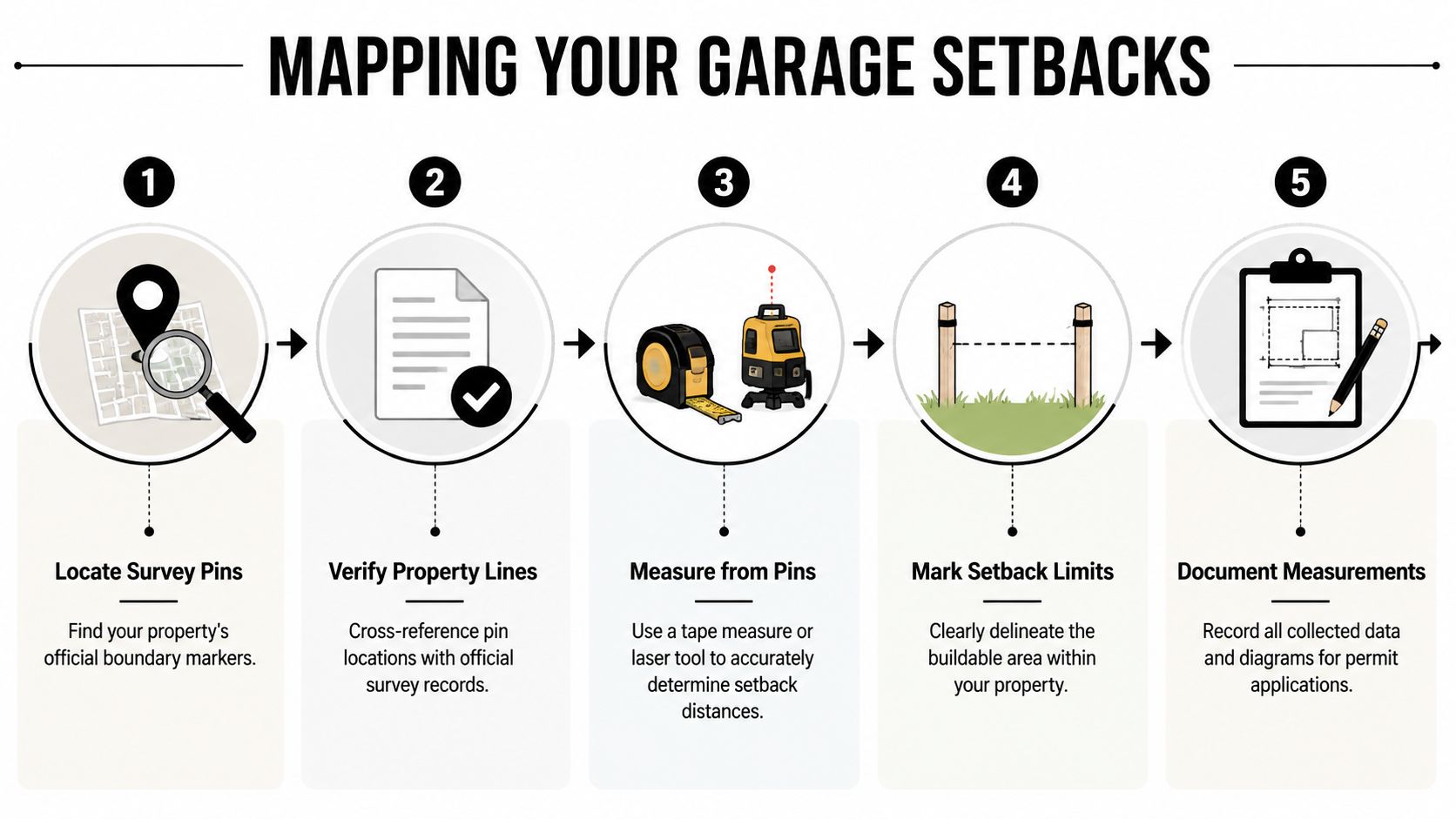 Garage Setback Requirements: Your 2026 Guide 2 A five-step infographic showing how to map garage setbacks on a property for building permit planning.