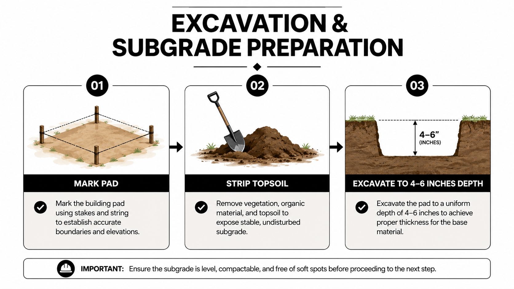 Hot Tub Base Preparation for Lasting Support 3 A diagram illustrating the three steps for excavating and preparing a subgrade for a building foundation.