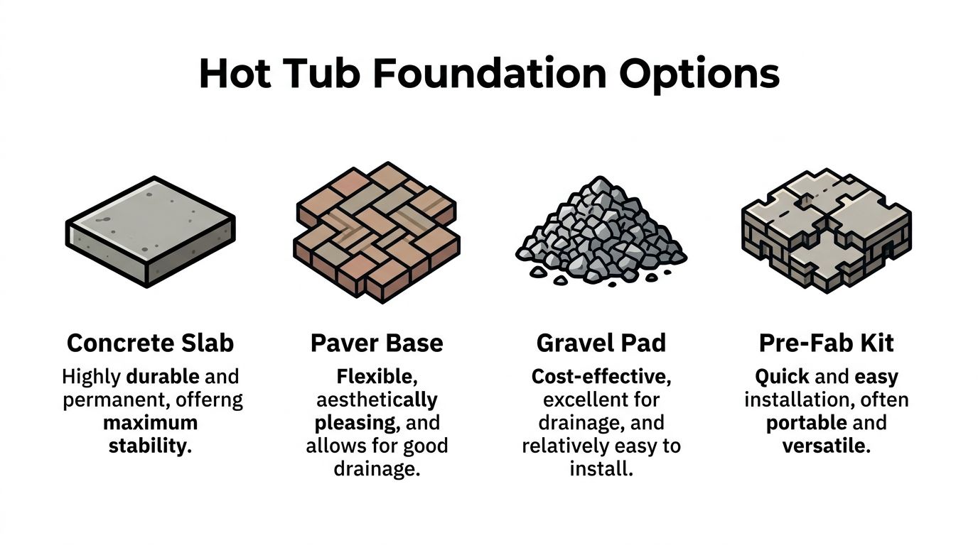 Hot Tub Foundation Kit: A PA & NJ Homeowner's Guide 2 An infographic showing four hot tub foundation options including concrete slabs, pavers, gravel pads, and pre-fab kits.