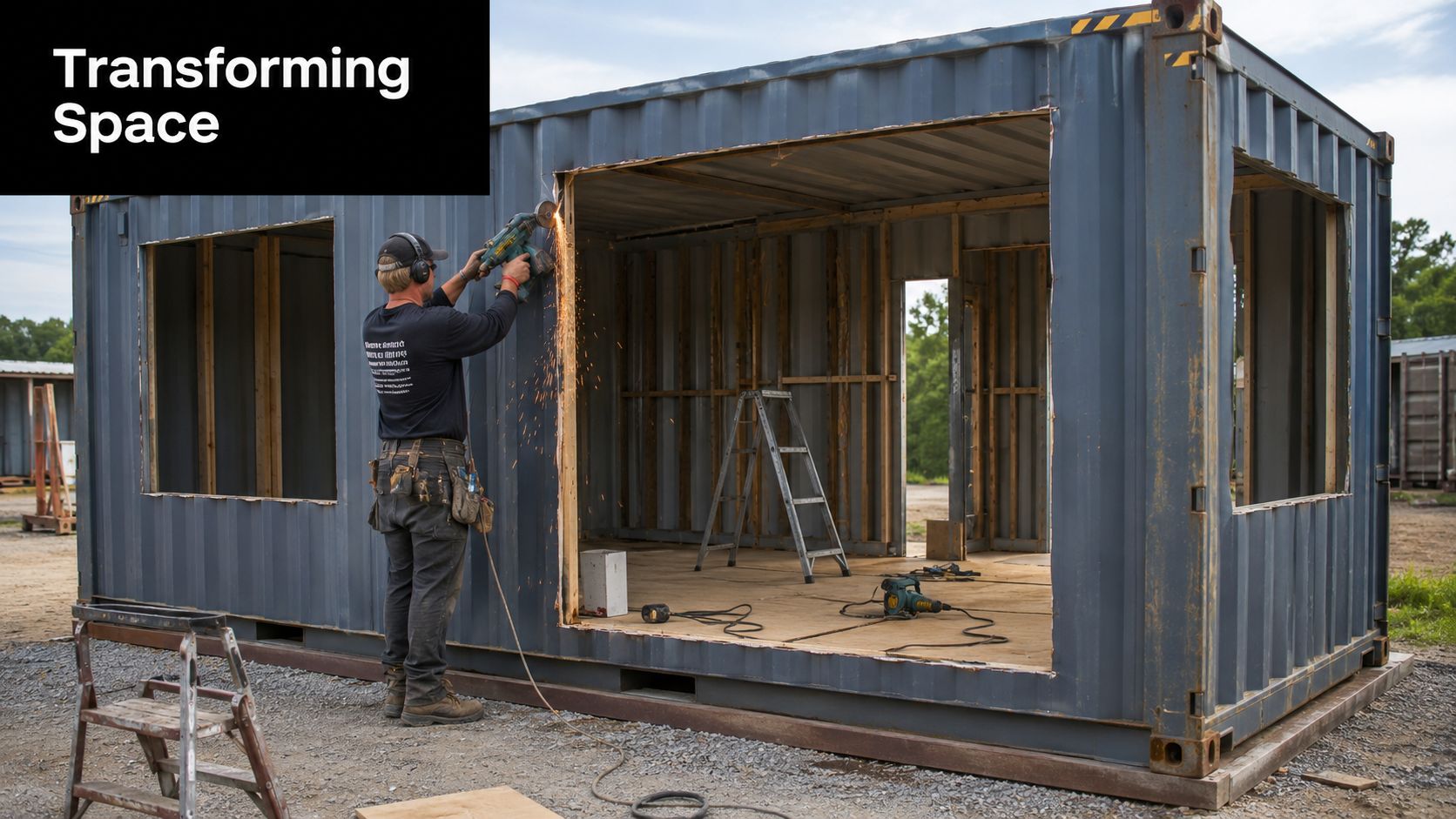 How to Make a Shipping Container Into a Home 5 A construction worker uses an angle grinder to cut a hole into a blue shipping container home.