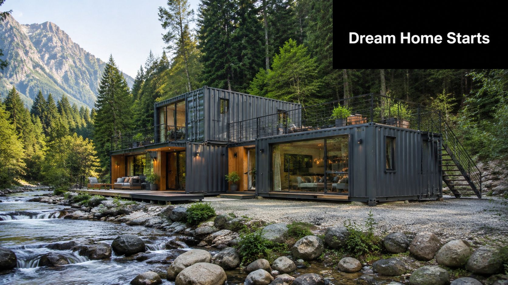 How to Make a Shipping Container Into a Home 2 A modern two-story home made from shipping containers situated beside a flowing river in a lush forest.