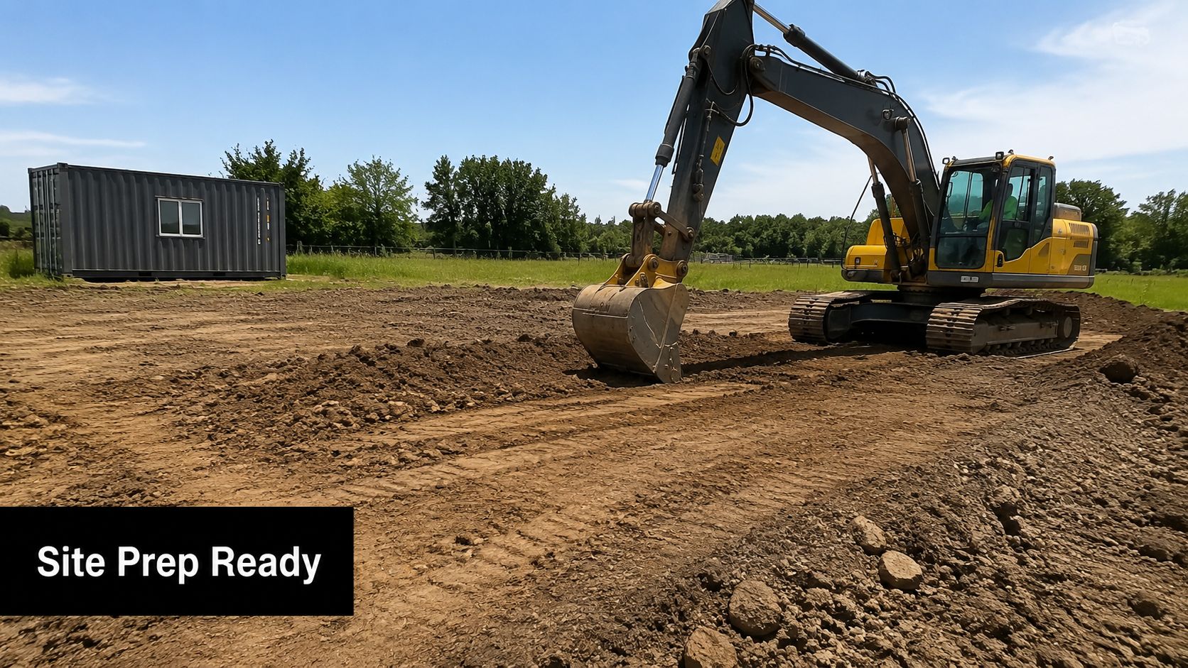 How to Make a Shipping Container Into a Home 4 A large yellow excavator performing ground leveling for a shipping container home construction project.