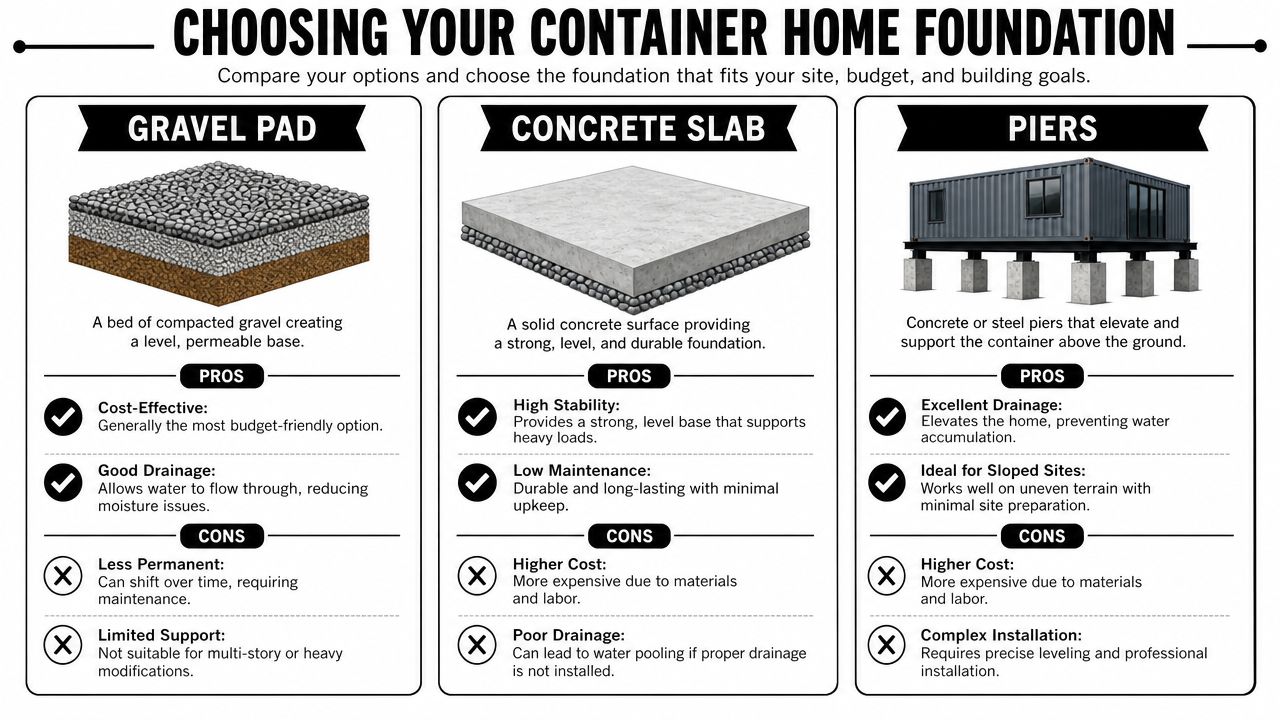 How to Make a Shipping Container Into a Home 3 A comparison chart showing three foundation types for container homes: gravel pad, concrete slab, and piers.