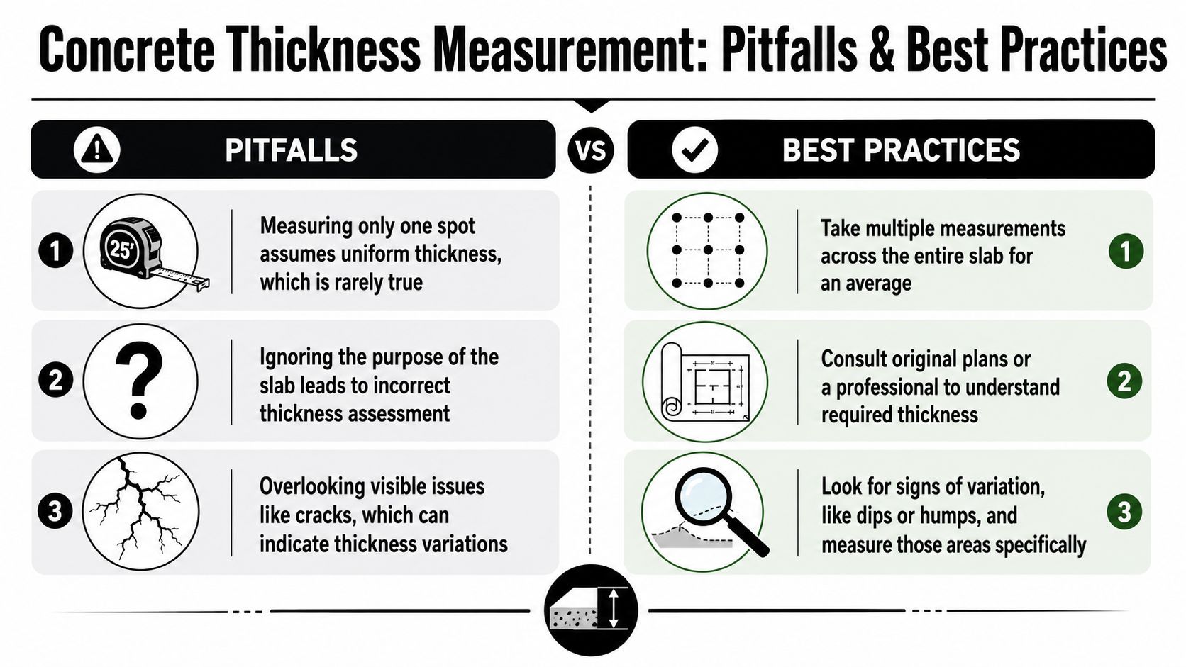 How to Measure Concrete Thickness: 2026 Guide 4 An infographic showing common pitfalls and best practices for accurately measuring concrete slab thickness in construction.