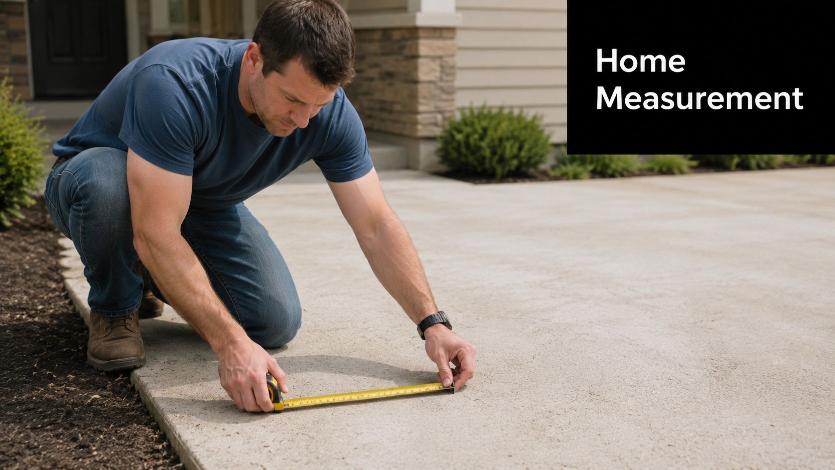 How to Measure Concrete Thickness: 2026 Guide 3 A man kneeling on a concrete driveway while measuring the ground with a yellow tape measure.