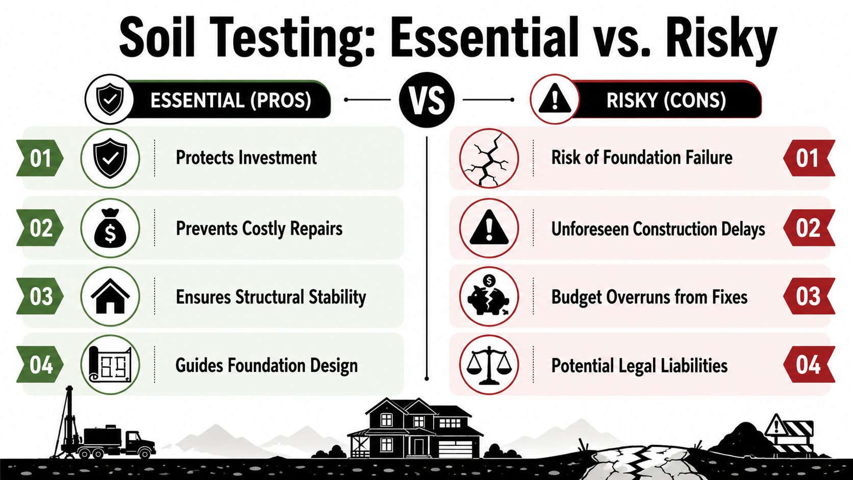 Firm Foundations: Expert Local Soil Testing 2 A comparison infographic highlighting the pros of soil testing versus the risks of skipping it.