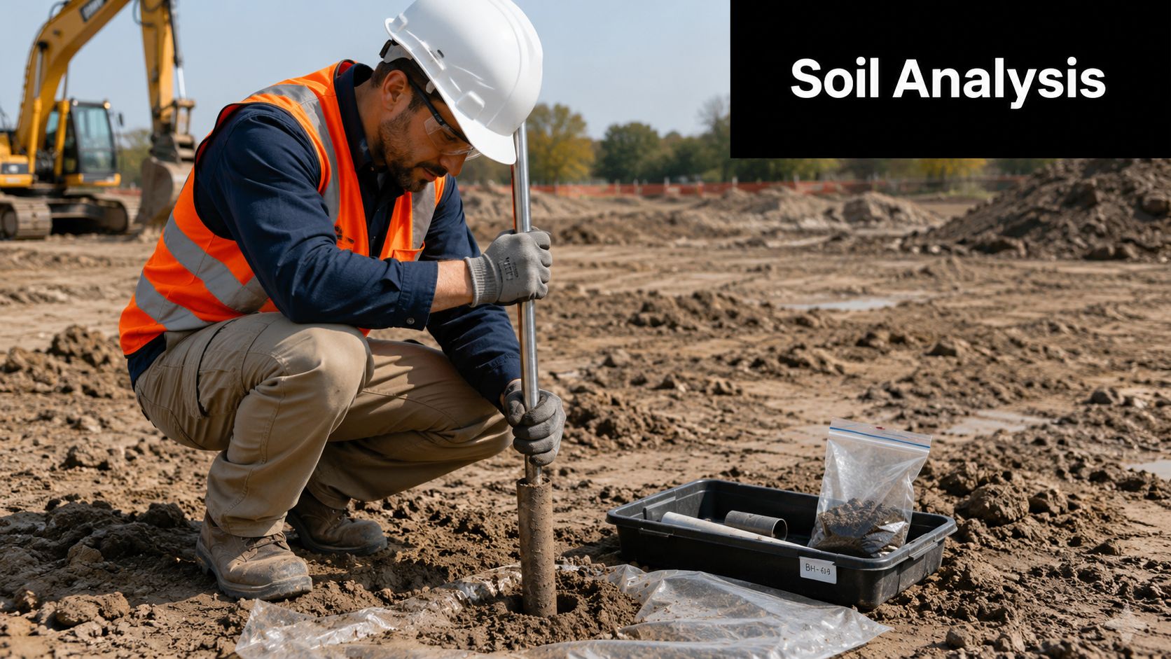 Firm Foundations: Expert Local Soil Testing 3 A construction engineer in protective gear collecting a soil sample for testing at a building site.