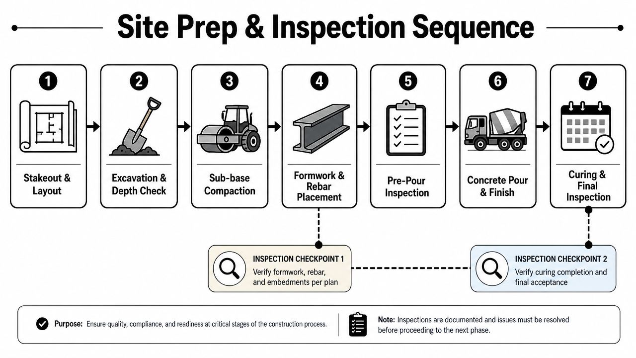 Modular Building Foundation: A Practical Guide for 2026 4 A diagram illustrating the seven-step construction site preparation and concrete inspection sequence for building foundations.