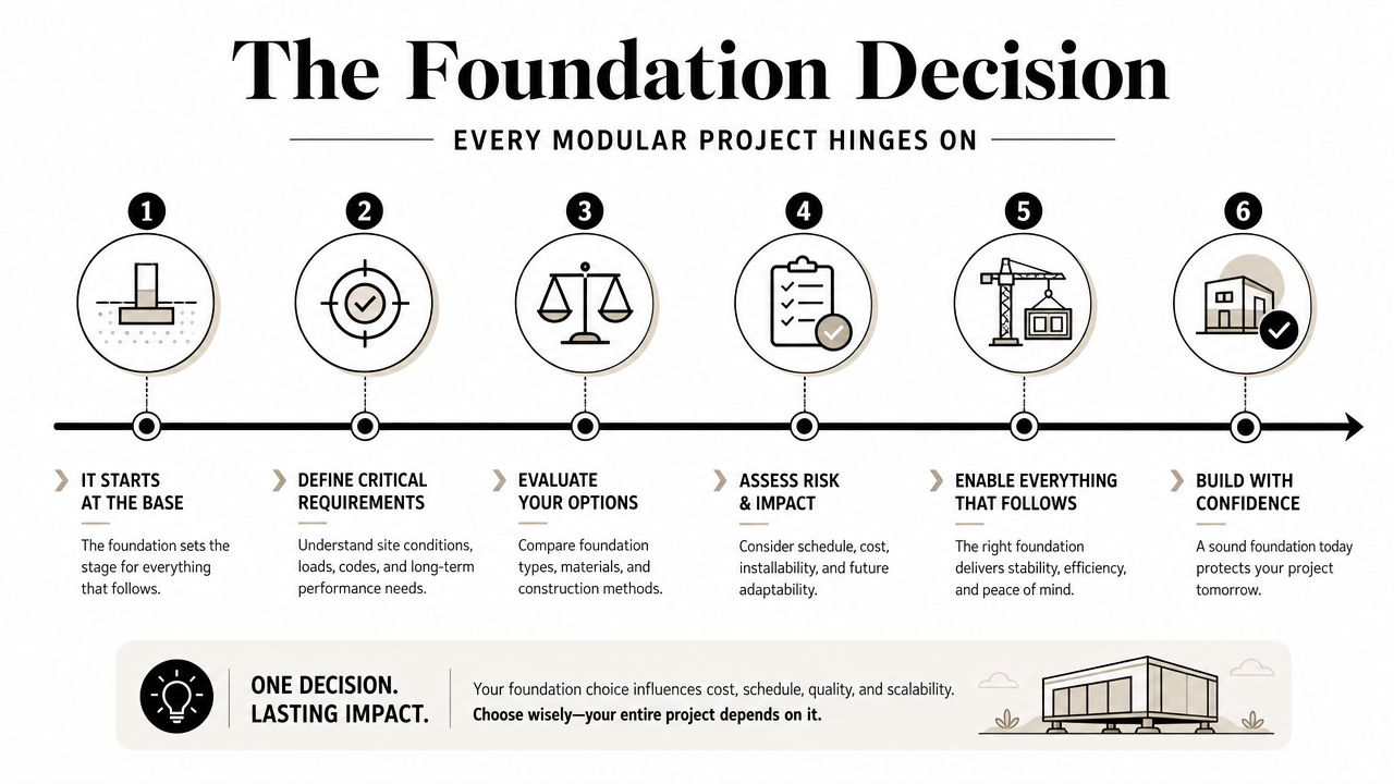 Modular Building Foundation: A Practical Guide for 2026 2 An infographic showing six steps for choosing the right modular building foundation for construction projects.