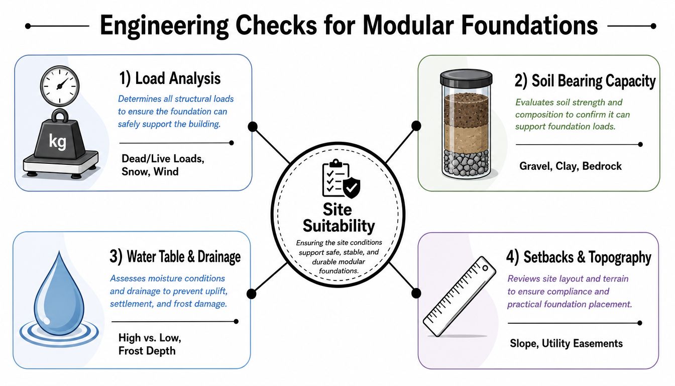Modular Building Foundation: A Practical Guide for 2026 3 An infographic titled Engineering Checks for Modular Foundations detailing four key site assessment factors for building stability.