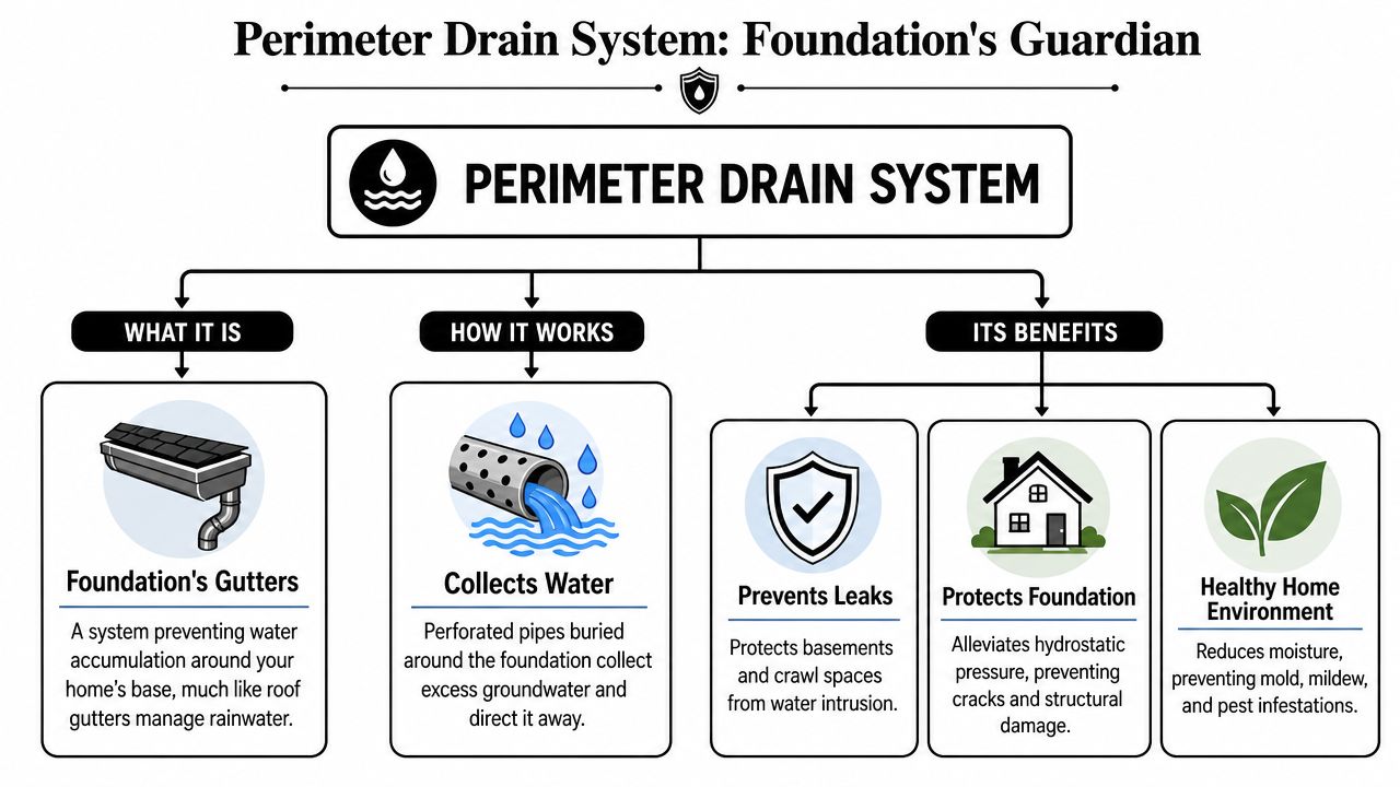 Perimeter Drain Systems: Homeowner's Guide PA, MD, DE, NJ 2 An infographic titled Perimeter Drain System explaining its purpose, operational mechanism, and key home protection benefits.