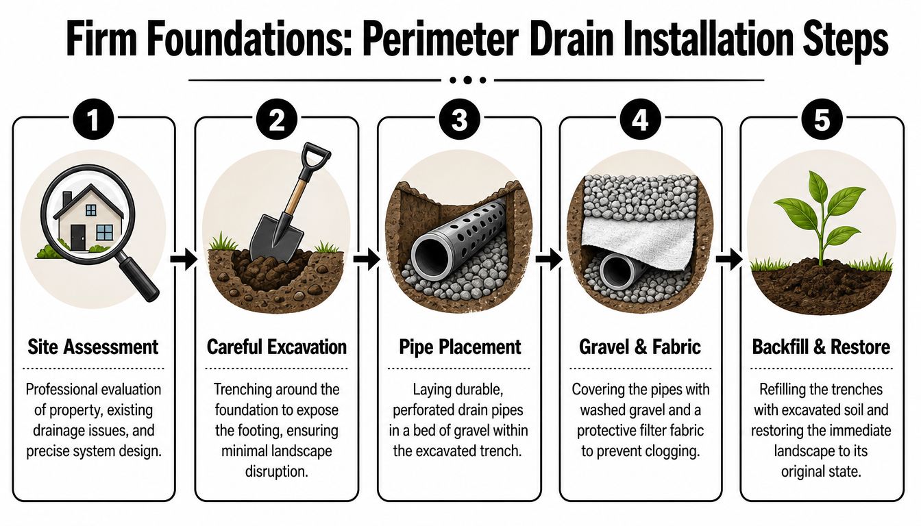 Perimeter Drain Systems: Homeowner's Guide PA, MD, DE, NJ 3 A five-step infographic showing the professional installation process of a residential perimeter drain system for foundation protection.
