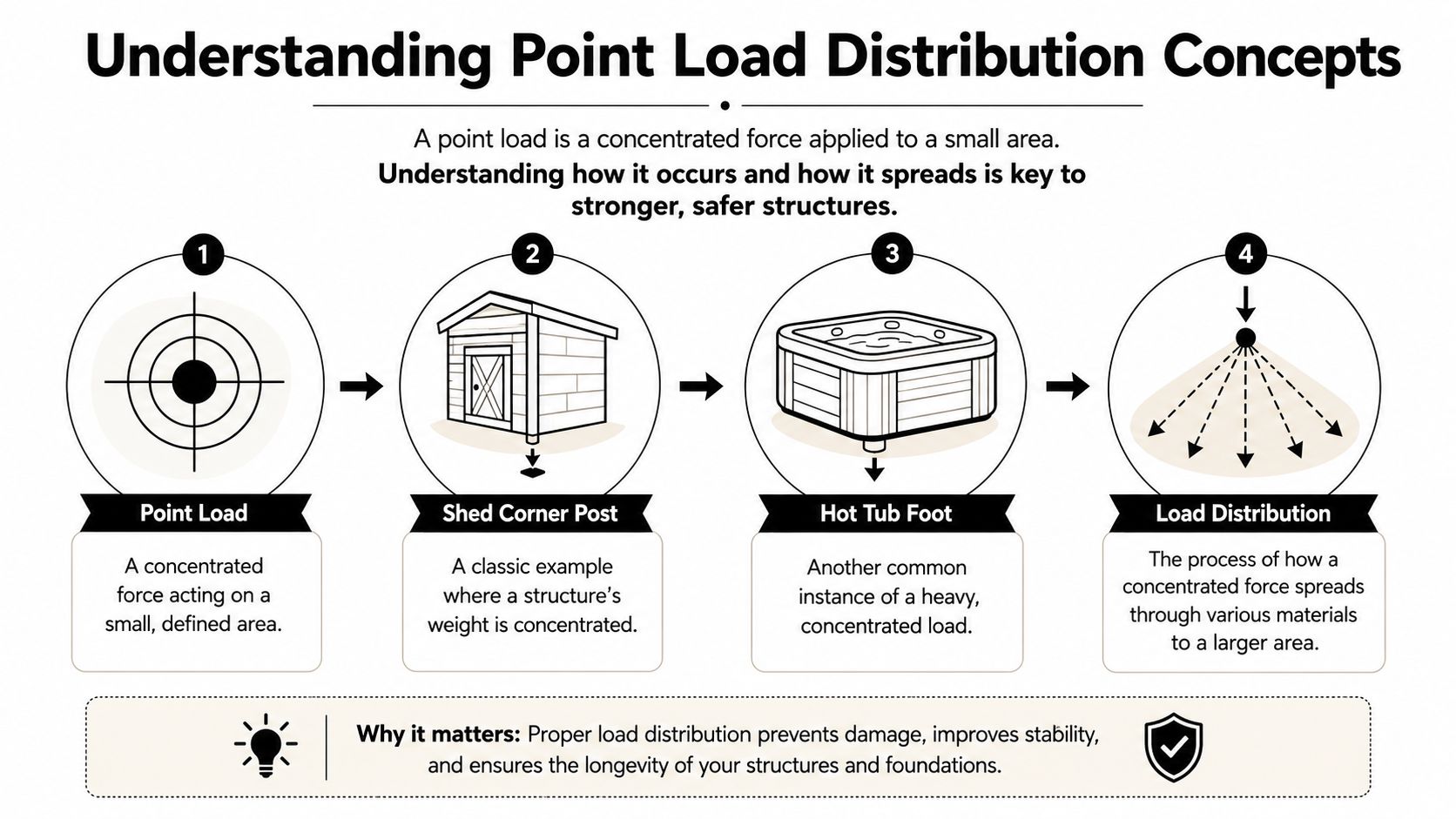 Point Load Distribution: Foundations for Sheds & Garages 2 An educational diagram illustrating the concept of point load distribution with examples like shed posts and hot tubs.