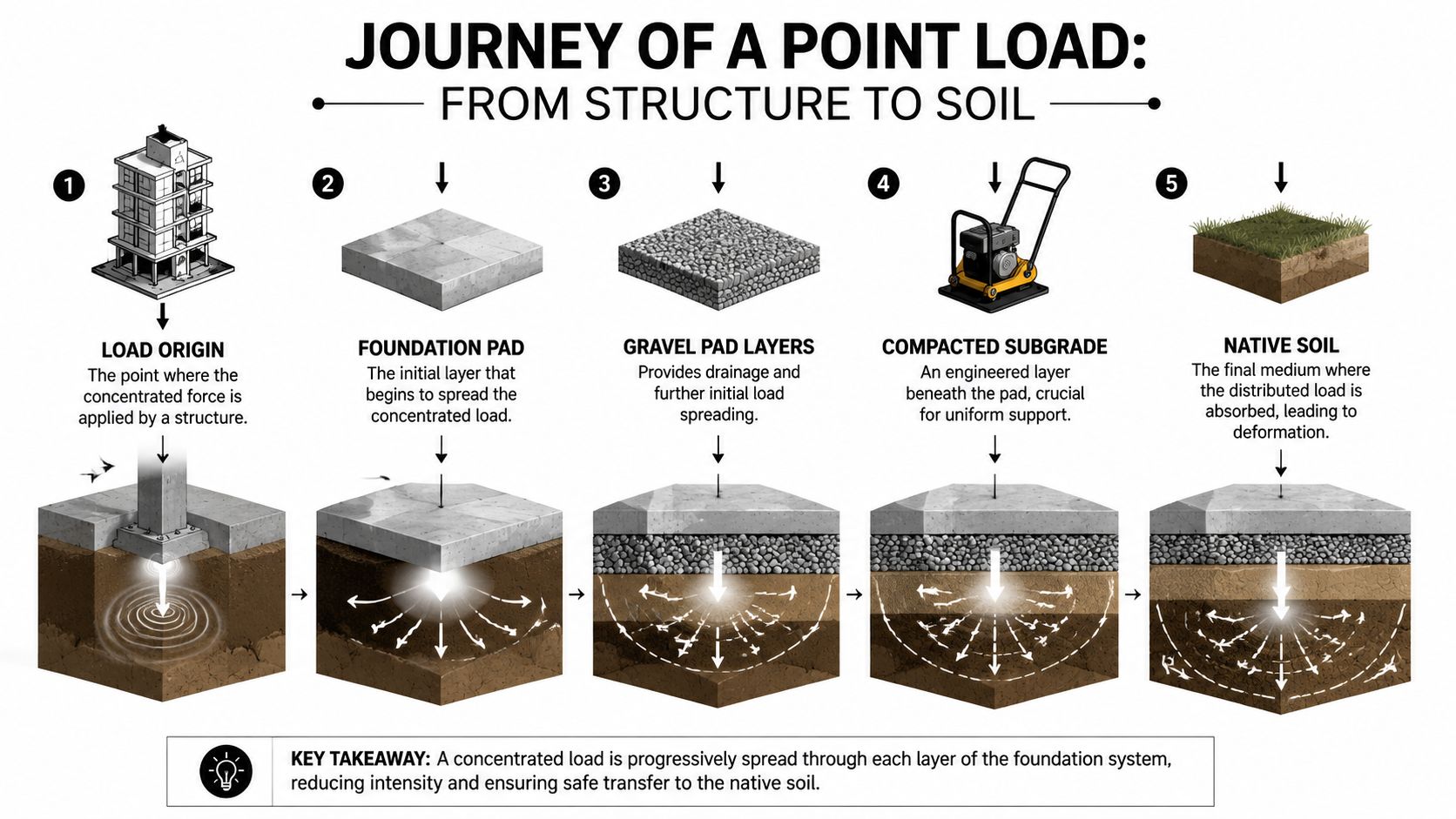 Point Load Distribution: Foundations for Sheds & Garages 3 A diagram illustrating how a point load from a building structure is distributed downward into soil layers.