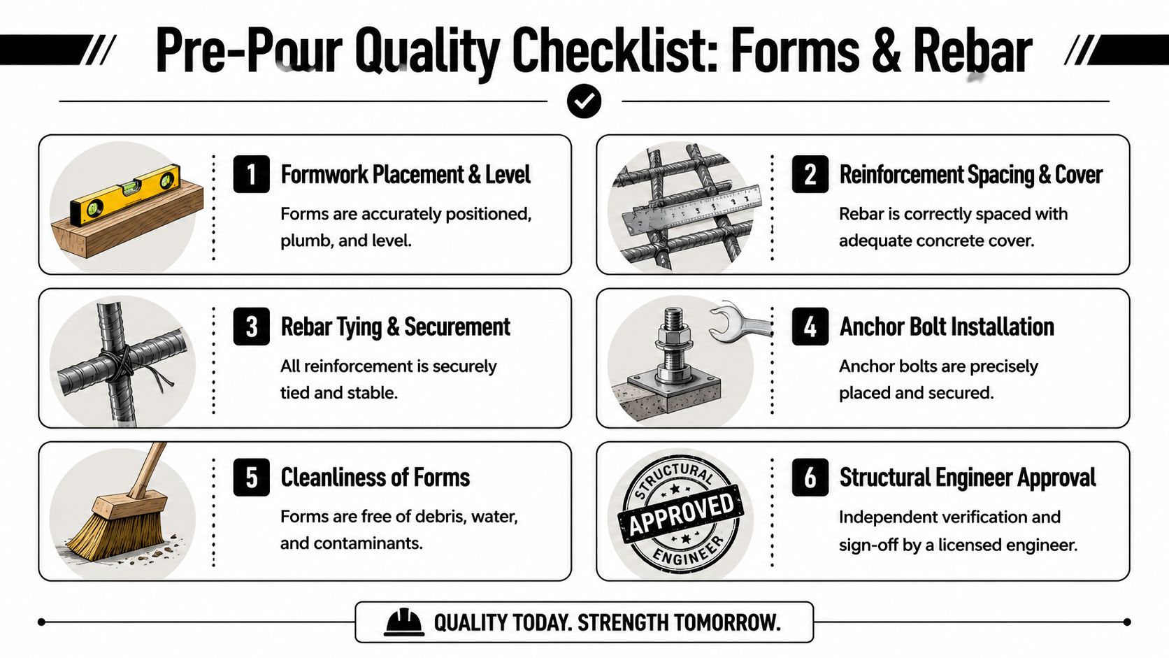 Firm Foundations: Quality Assurance Processes Explained 3 An infographic checklist for pre-pour quality assurance showing steps for checking concrete forms and rebar installation.