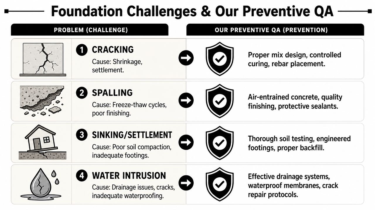 Firm Foundations: Quality Assurance Processes Explained 5 A chart showing four common foundation problems and the corresponding preventive quality assurance measures for each issue.