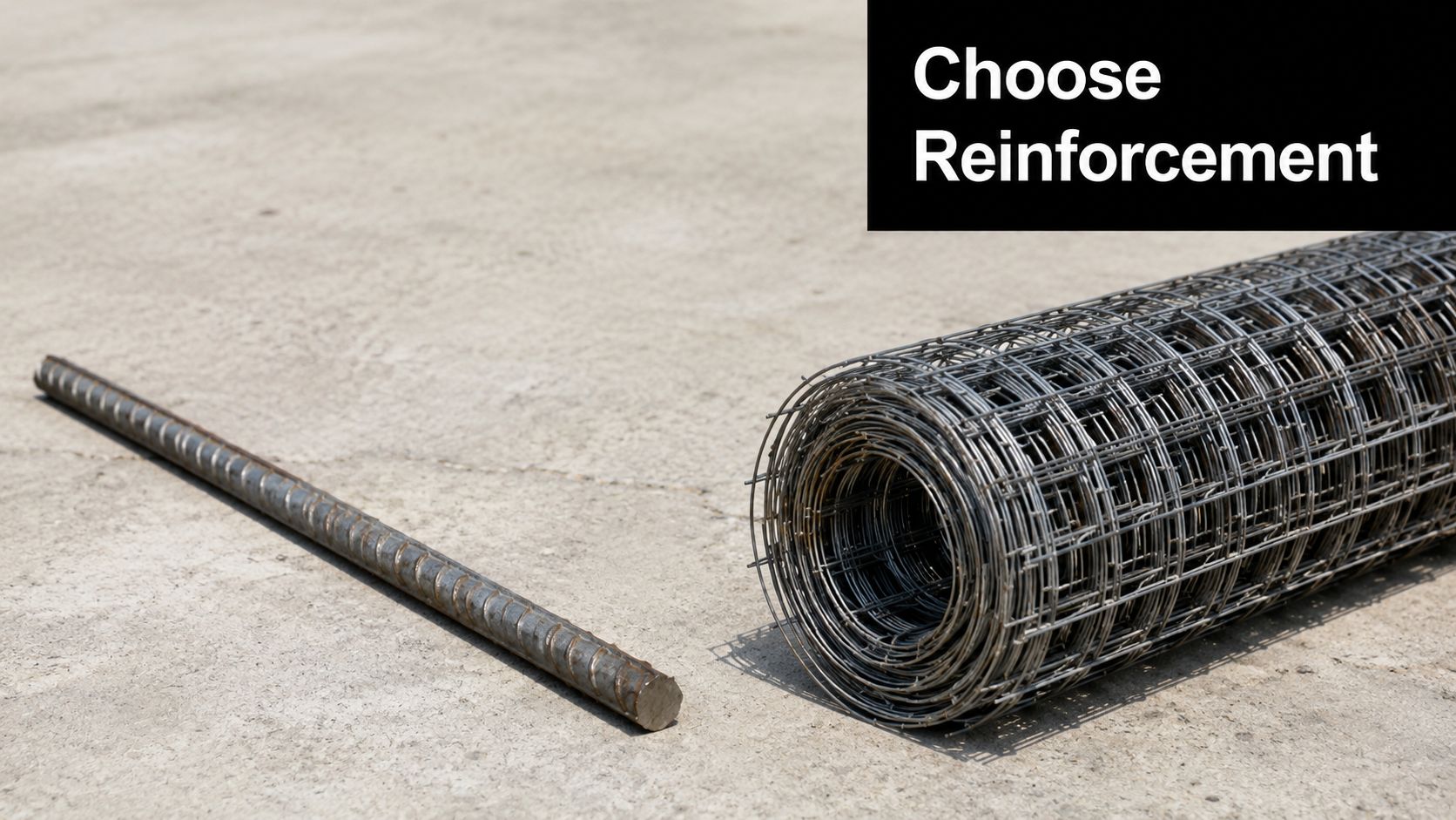 Rebar vs Wire Mesh: The Right Foundation for Your Project in 2026 2 A straight steel rebar rod beside a rolled-up grid of welded wire mesh on concrete.