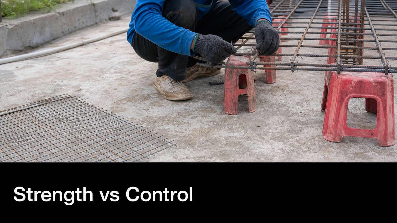 Rebar vs Wire Mesh: The Right Foundation for Your Project in 2026 3 A construction worker wearing gloves ties steel rebars together on a concrete floor near wire mesh.