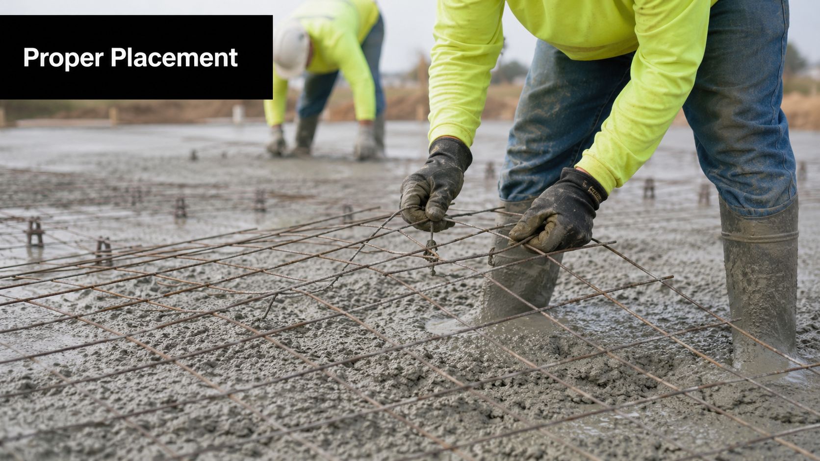 Rebar vs Wire Mesh: The Right Foundation for Your Project in 2026 4 Construction workers setting wire mesh reinforcement on wet concrete slab during a building project.