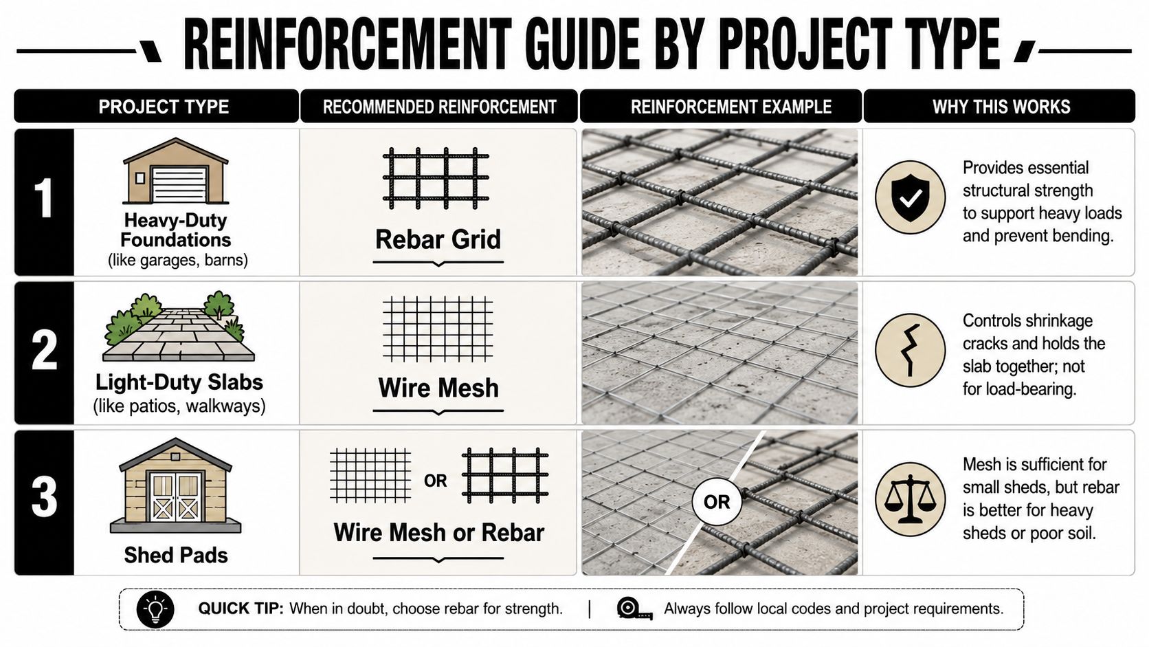 Rebar vs Wire Mesh: The Right Foundation for Your Project in 2026 5 A reinforcement guide table comparing rebar grid and wire mesh for heavy-duty foundations, light-duty slabs, and sheds.