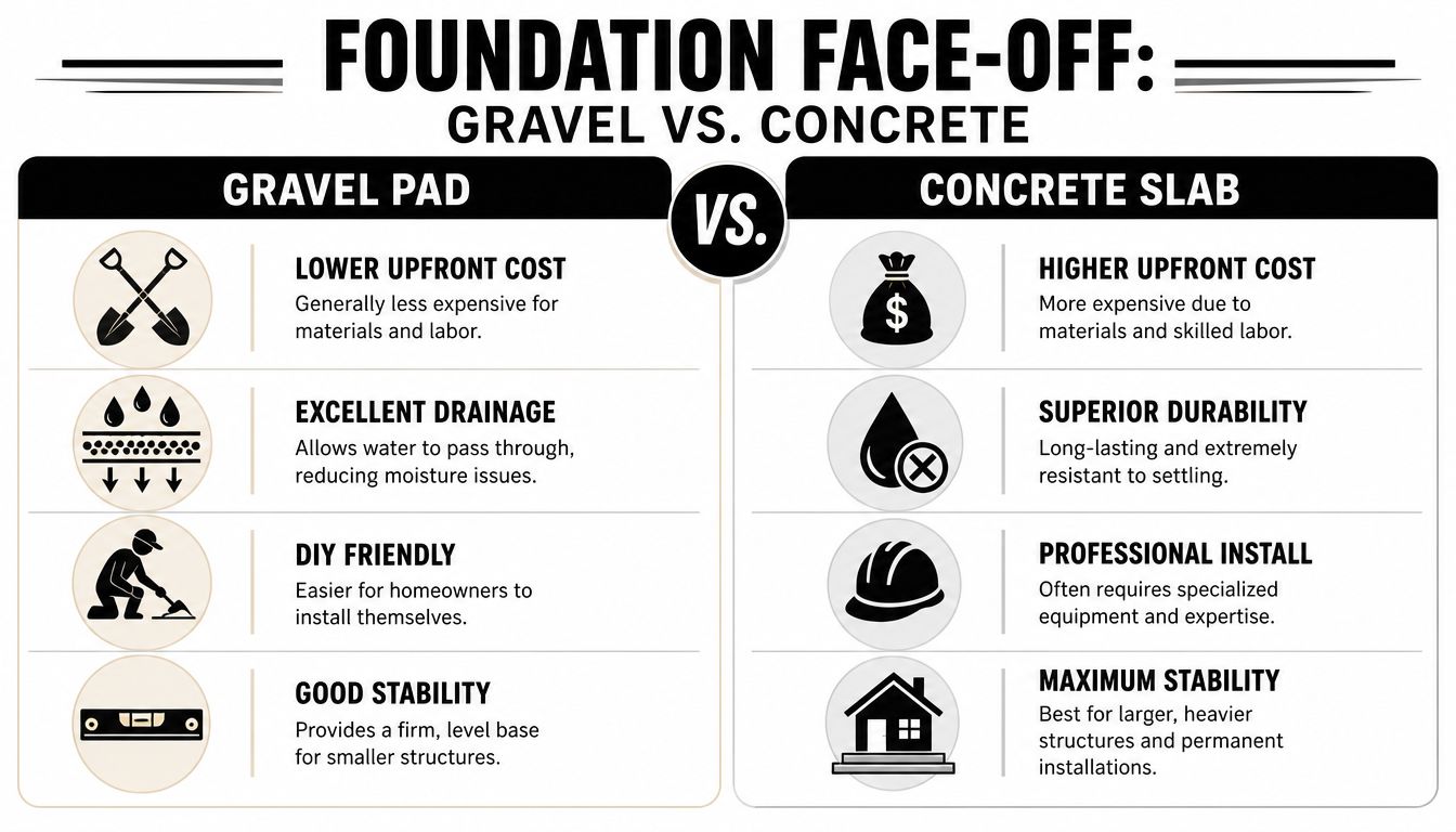 Shed and Playhouse Foundations in PA: A 2026 Guide 2 A comparison chart showing the benefits of using a gravel pad versus a concrete slab for shed foundations.