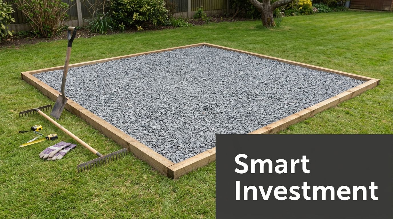 Shed and Playhouse Foundations in PA: A 2026 Guide 5 A square wooden frame filled with gray gravel in a backyard, featuring a shovel, rake, and measuring tools.