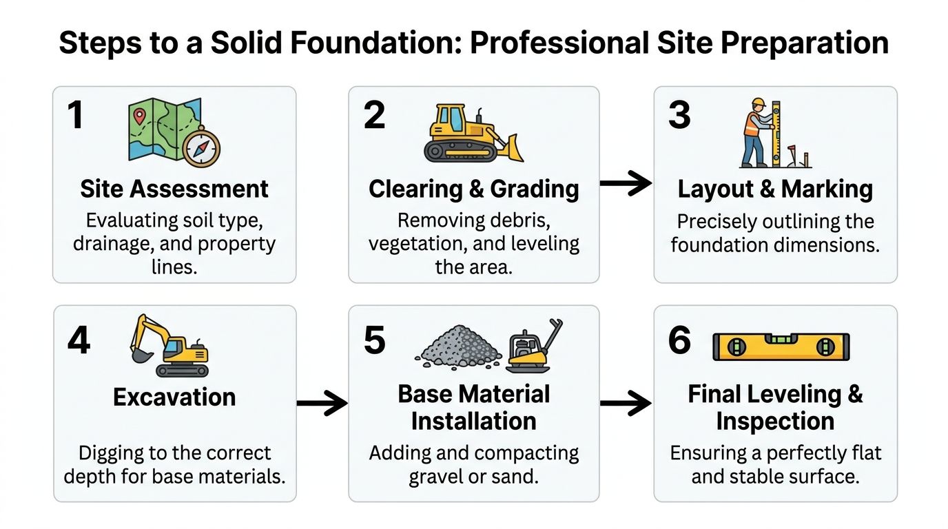 Shed and Playhouse Foundations in PA: A 2026 Guide 3 An infographic detailing the six essential steps for professional site preparation for a building foundation.