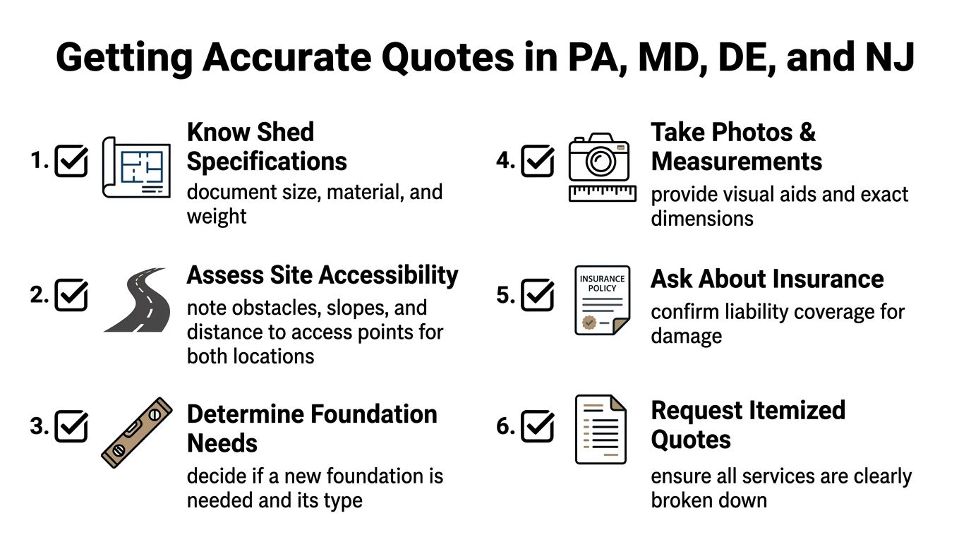 Shed Moving Cost 2026 Guide for PA, MD, DE & NJ 5 A checklist for obtaining accurate price quotes for shed moving services in PA, MD, DE, and NJ.
