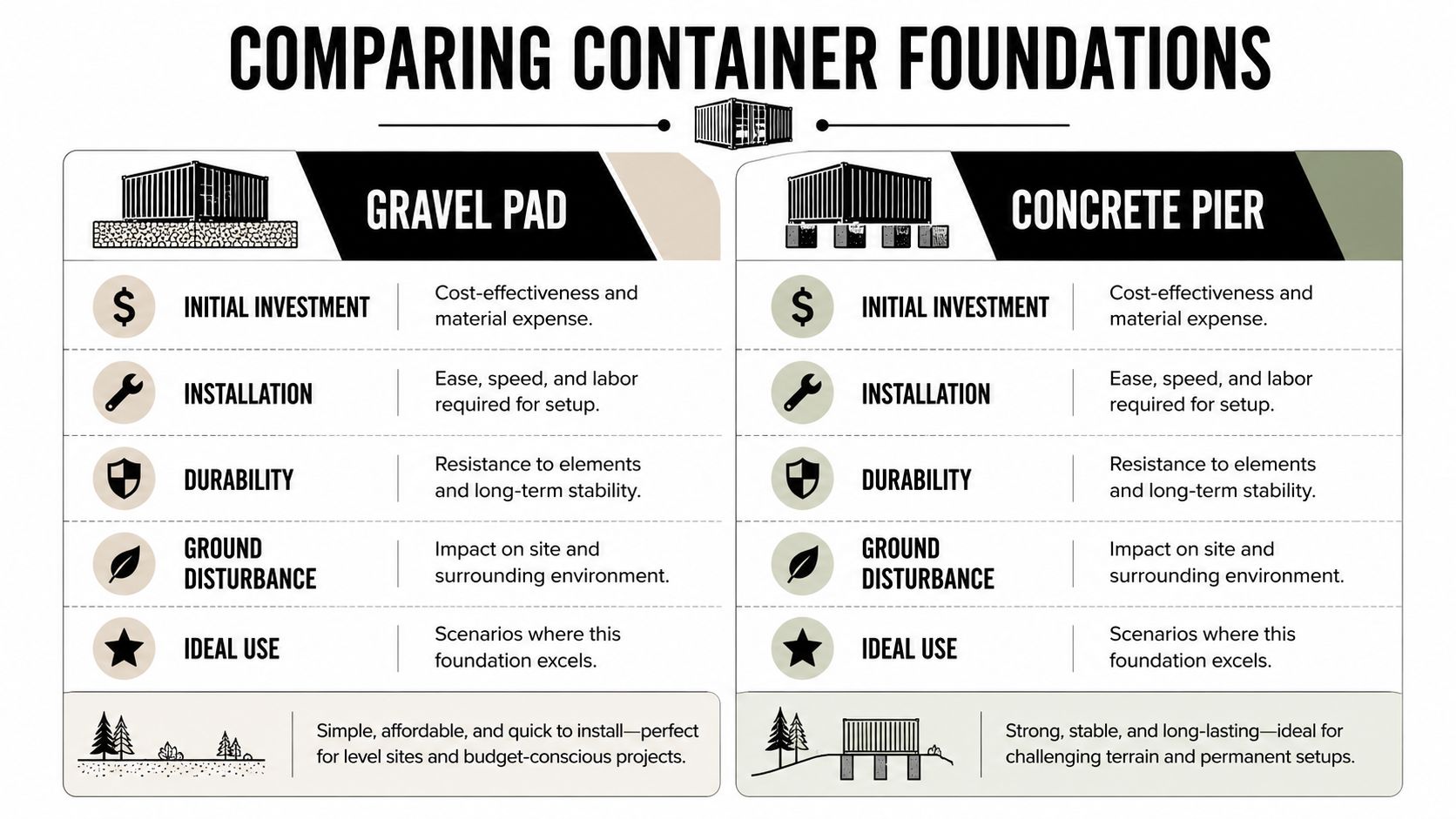 Expert Shipping Container Leveling in PA, MD, DE, NJ 2 A comparison chart outlining the pros and cons of using gravel pads versus concrete piers for shipping container foundations.