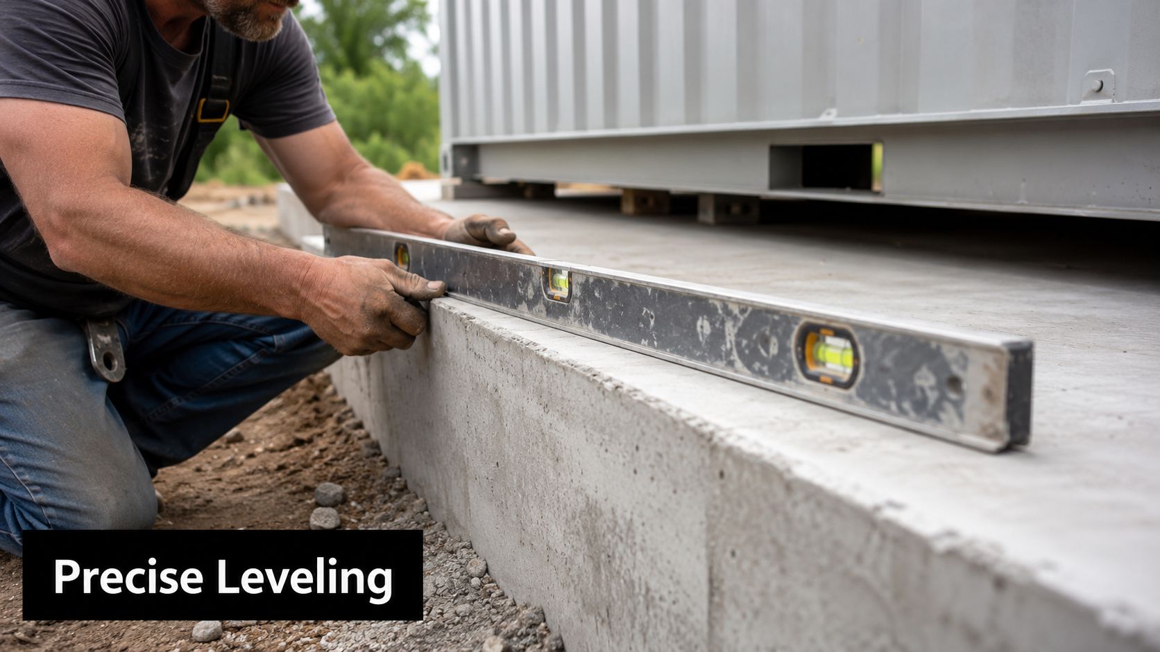 Expert Shipping Container Leveling in PA, MD, DE, NJ 4 A construction worker uses a long metal spirit level to check the level of a concrete foundation.