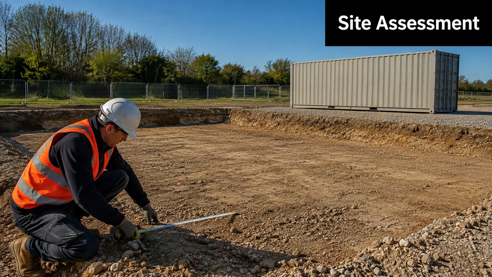 Expert Shipping Container Leveling in PA, MD, DE, NJ 3 A construction worker in high-visibility gear measuring the soil inside an excavation site near a shipping container.