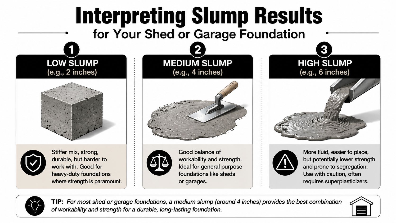 Slump Test Procedures for PA & MD Concrete Foundations 3 A visual guide explaining low, medium, and high slump results for concrete used in shed foundation projects.