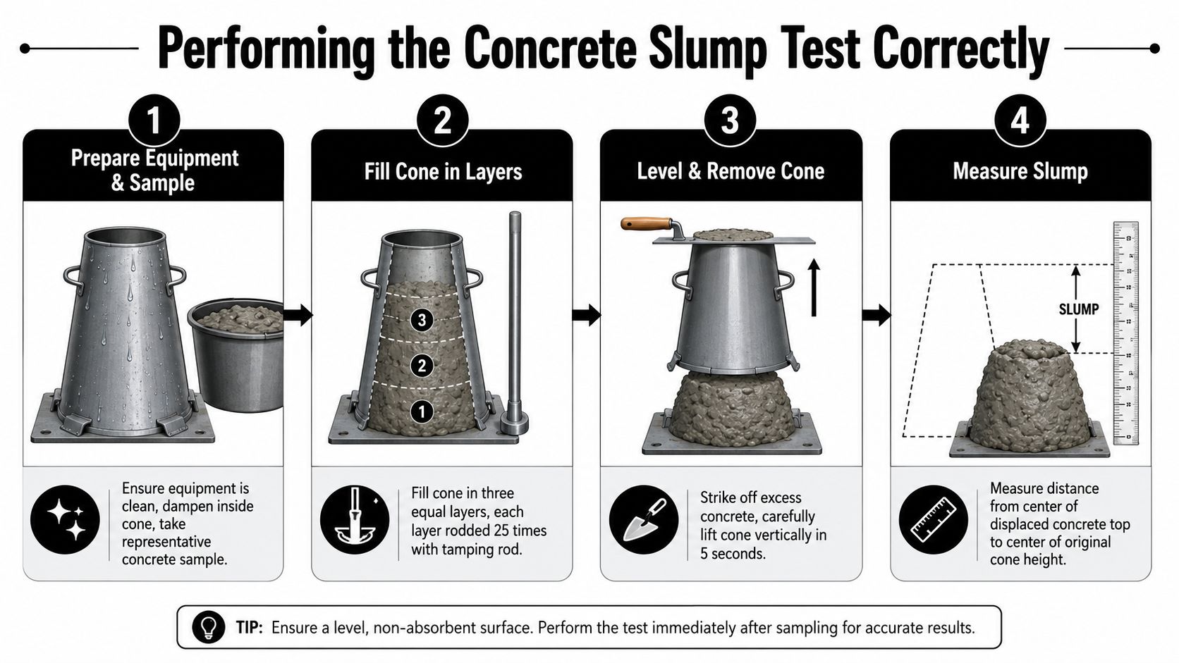 Slump Test Procedures for PA & MD Concrete Foundations 2 An infographic showing the four-step process for performing a standard concrete slump test procedure.